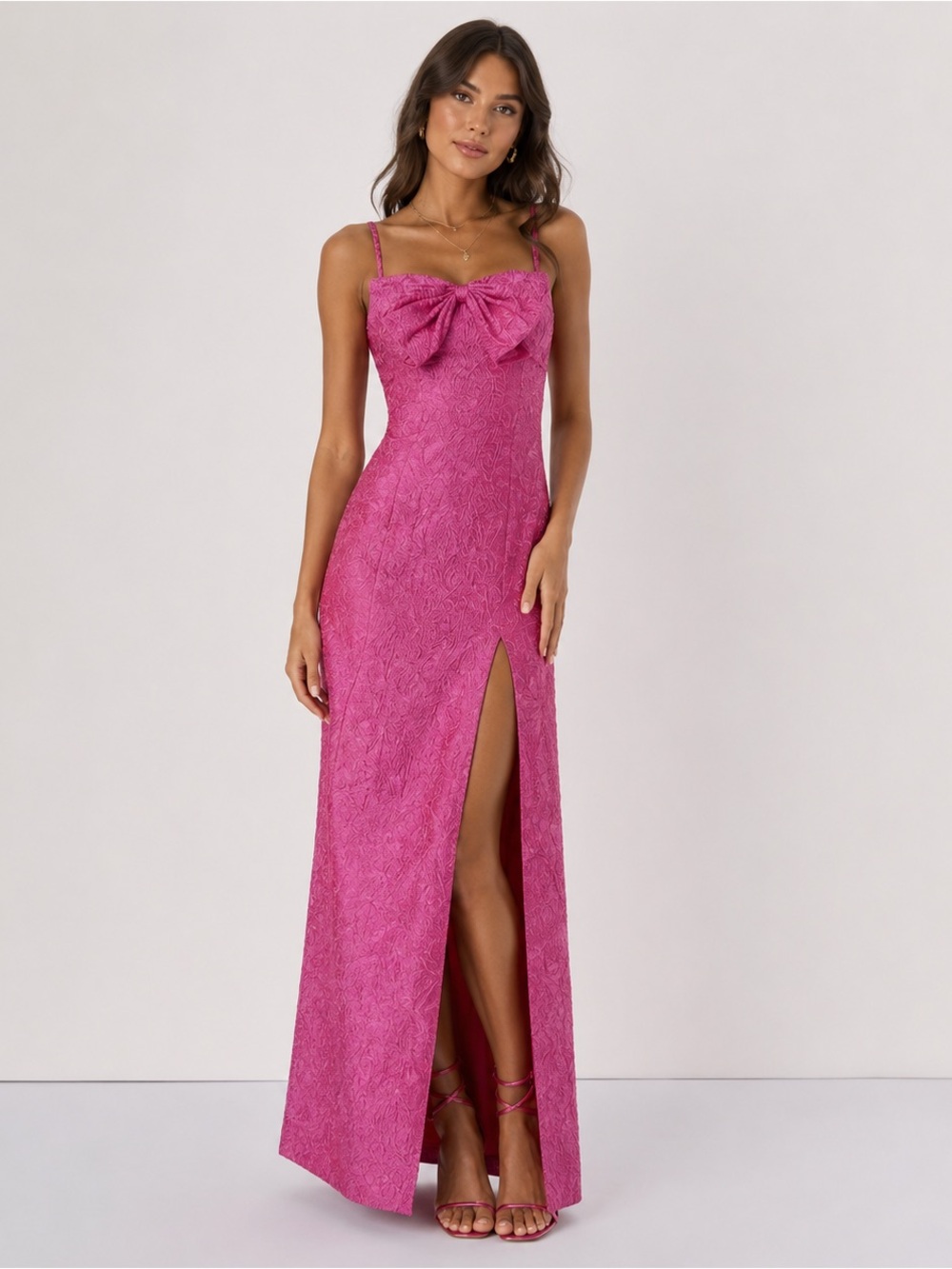 Lulu's Fuchsia Lace Bow-Front Maxi Dress